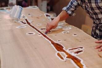 Mężczyzna w koszuli w kratę wypełnia ubytki w drewnianym blacie masą.